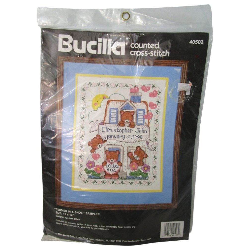 Bucilla Teddies In A Shoe Birth Record Sampler Vintage 1990 Damaged Package NOS
